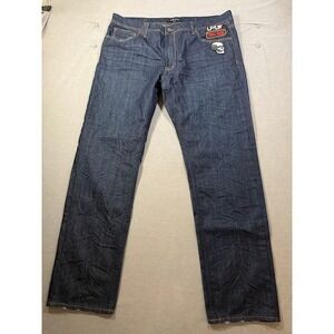 AKOO Mens Dark Wash Denim Jeans Skull Patch Logo Straight Fit‎ 40X33.